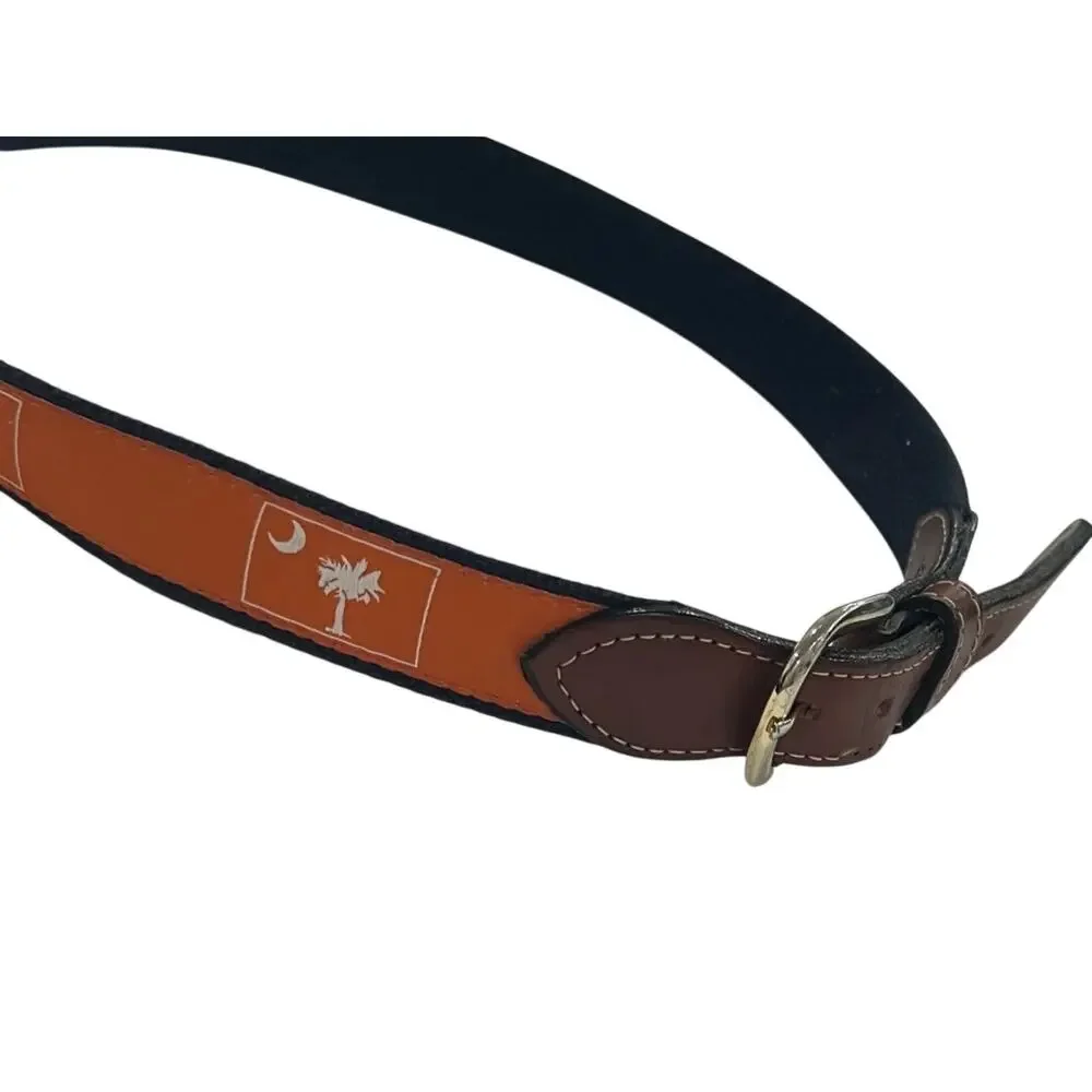 Size 32 South Carolina Flag Belt Mens Orange Canvas Leather Solid Brass Buckle